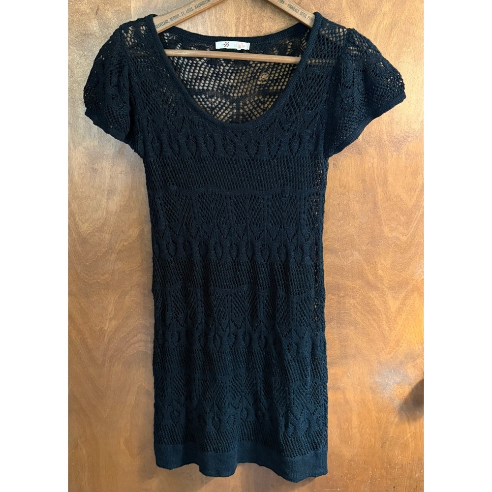 Tulle Black Crochet Open Knit Sheer Puff Sleeve Mini Dress Y2K Goth Boho Grunge